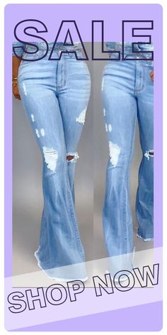 Fashion Wild Light Blue Denim Flared Pants-DY1911203 Blue Non-stretch Ripped Pants, Ripped Flare Jeans For Summer, Blue Ripped Non-stretch Pants, Non-stretch Ripped Blue Pants, Flare Distressed Bottoms For Fall, Distressed Flare Bottoms For Fall, Fall Flare Distressed Bottoms, Light Wash Distressed Flare Bottoms, Trendy Ripped Flare Bottoms