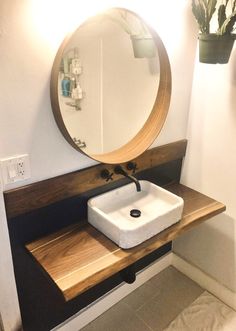 a bathroom sink with a mirror above it and a potted plant on the counter