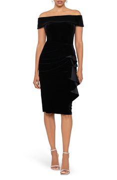 Xscape Evenings Ruffle Off the Shoulder Velvet Cocktail Dress | Nordstrom Black Cocktail Dress Classy, Short Black Cocktail Dress, Girls Fall Fashion, Cocktail Dress Nordstrom, Ruffle Gown, Velvet Cocktail Dress, Cocktail Dress Wedding, Velvet Gown, Column Gown