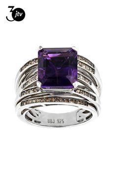 4.68ct rectangular octagonal African Amethyst with .36ctw round champagne diamond rhodium over sterling silver ring. Measures approximately 0.41"L X 0.48 "W. Not Sizeable. Black Rhodium Octagon Diamond Ring With Gemstone Accents, Luxury Rings With Diamond Accents And Rectangular Stone, Luxury Rings With Rectangular Diamond Accents, Formal Octagon Rings With Gemstone Accents, White Gold Octagon Ring With Diamond Accents, White Gold Diamond Ring With Octagon Accent Stones, Formal Faceted Amethyst Ring Fine Jewelry, White Gold Octagon Diamond Ring With Accent Stones, Luxury Octagon Faceted Ring