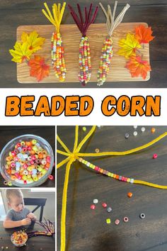 Pony Bead Indian Corn Craft, Indian Corn Beads And Pipe Cleaners, Thanksgiving Crafts School Age, Fun Fall Arts And Crafts For Kids, Pony Bead Corn Craft, Easy Diy Thanksgiving Crafts For Kids, Fall Decor Crafts For Kids, Kid Crafts Fall, Corn Beads Craft