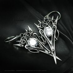 ESHINNIRTH - Exclusive Gothic/Fantasy style earrings. Fully hand-made work (oxidized and polished sterling silver).  Main base gem: Cubic Zirconia 7.5Ct (1.5 g). Material: Silver (Sterling Silver, Fine Silver / 925, 999). We use only high-quality silver. No "German Silver" - Our silver does not contain harmful nickel. Earrings length approx 5,9 cm, width 2,6 cm, weight 6.5 g (one earring).  Color: silver, white. ► More at www.lunarieen.com (Prices 10% OFF) ◄ * * * * * * * * * * * * * * * * * * * Fantasy Wire, Ornate Necklace, Pagan Pendants, Vampire Jewelry, Crescent Moon Necklace Silver, Earrings Gothic, Filigree Necklaces, Witchy Jewelry, Sterling Silver Wire Wrap