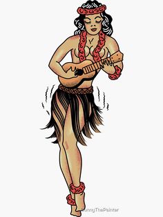 a woman in a hula skirt playing the guitar and wearing red shoes with chains around her neck