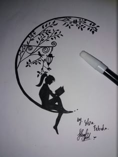 a single book can change the whole mood.. Sketches Ideas, A Pen, A Drawing, Art Sketches, A Girl, The Moon, Sketch, Pen, Moon