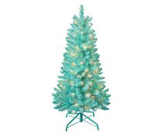 a blue christmas tree with white lights