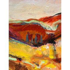 an abstract painting of hills and trees in the distance with oranges, yellows, and reds