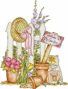 a painting of flowers and gardening items in front of a fence with a welcome to my garden sign