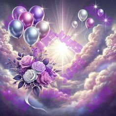 a bouquet of flowers and balloons floating in the sky with stars above it, surrounded by clouds