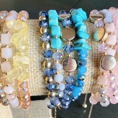 This Bracelet Is Absolutely Gorgeous With Its Four Unique Sparkly Strands Made Of A Variety Of Glass Beads, Crystal Beads, Stone And Metal Beads. * Available In Turquoise, Pastel Pink And Pastel Yellow * Adjustable; Will Fit All Wrists * Inner Diameter Of Bracelet Adjusts From Approx. 2" To 4.5" (No One Would Have A Wrist Size That Large) * Handcrafted; Beautiful And High-Quality * New Beautiful Detail With Seven Gorgeous Strands That Work In Harmony To Create A Stunning Beaded Bracelet! Multi-strand Beaded Bracelets For Jewelry Making, Colorful Beads Multi-strand Bracelet, Blue Beaded Chain Bracelets, Pink Multi-strand Bracelet With Colorful Beads, Stretch Beaded Bracelets Diy, Stackable Beaded Bracelets, Bracelets Boho, Boho Handmade, Bracelets Diy