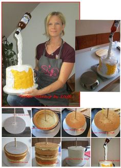 there is a woman holding a cake that has been made to look like cheese and beer