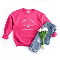 Looking for a cute versatile top to wear? Make sure to grab one of our Graphic Sweatshirts! This soft and comfortable shirt is the perfect top for any outfit. It can be paiRaspberry with biker shorts, Jeans, or the classic stay at home sweats! This sweatshirt is true-to-size, so be sure to order your regular size! If you are looking for a more oversized look, make sure to size up. Red H, Raspberry Red, Gildan Sweatshirts, Navy White, Paris France, Unisex Sweatshirt, Solid Colors, Sleeve Styles, Fitness Fashion