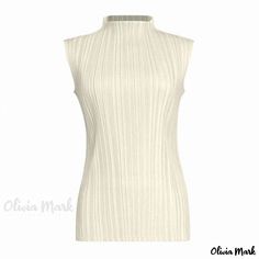 Olivia Mark - Chic Sleeveless Mock Neck Top with Slim Fit and Sophisticated Pleated Design Elegant Stretch Tank Vest, Elegant Vest For Layering, Elegant Stretch Vest For Spring, Elegant Fitted Beige Tank Top, Chic High Neck Tank Top, Chic Stretch Beige Vest, Chic Beige Stretch Vest, Classic Stretch Vest For Spring, Elegant Sleeveless Blouse Tank Top For Fall