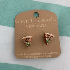 Nwt Handmade Pizza Stud Earrings - Made From Big Sur California - Stud Earrings Made From Sustainably Sourced Wood - On 90% Recycled Cards Handmade Pizza, Recycled Cards, Big Sur California, Big Sur, Earrings Color, Pizza, Jewelry Earrings, Jewelry Making, Stud Earrings