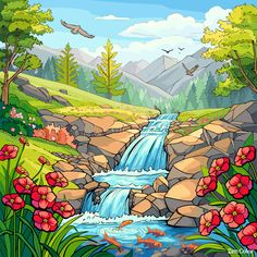 a painting of a waterfall in the middle of a field with flowers and birds flying over it