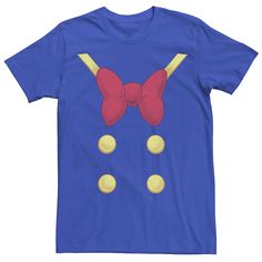 a blue t - shirt with an image of a bow tie and three balls on it