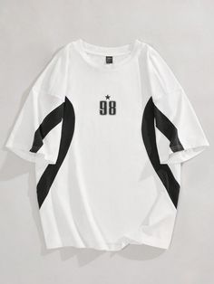 Women's Solid Color Patchwork Crew Neck Short Sleeve Casual Top Black and White Casual  Half Sleeve Knitted Fabric Colorblock,Letter  Medium Stretch  Women Clothing, size features are:Bust: ,Length: ,Sleeve Length: Flamingo Design, Cargo Pants Outfit, Activewear Brands, Women T Shirts, White Casual, Half Sleeve, Casual T Shirts, Printed Shorts, Half Sleeves