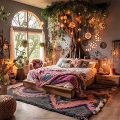 a bed room with a neatly made bed and lots of lights hanging from the ceiling