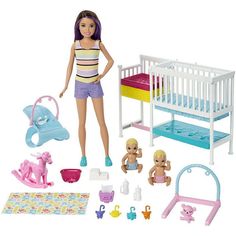 a barbie doll with baby dolls and accessories in her nursery room, including a crib