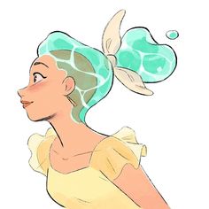 a drawing of a woman with green hair wearing a yellow dress and a turtle shell on her head