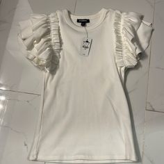 Nwt Express Ruffle Sleeve Top White Super Cute Fit Xs Casual White Blouse With Ruffle Sleeves, Casual White Blouse With Ruffle Hem, Trendy White Ruffle Sleeve Blouse, Trendy White Ruffled Top, Crew Neck Blouse With Ruffles For Brunch, White Cotton Tops With Ruffle Hem, White Ruffled Crew Neck Blouse, White Ruffle Hem Top For Day Out, White Flutter Sleeve Trendy Top