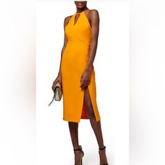 As Seen On Maria Menounos, This New With Tags Topshop Dress Is Absolutely Stunning! A Strappy Bodice With A Keyhole And A Side-Split Skirt, Midi-Length. Hidden Back Zip Closure And Lined Bodice. Color Is Called Marigold And Is A Bright Yellow/Orange. Bring On Summer! 96% Polyester, 4% Elastane. Measures Approx 43 1/2” In Length From Top Of Shoulder. Machine Wash Cold, Line Dry. New With Tags And Never Worn. In New Condition With No Rips, Tears Or Stains. Smoke Free Home. Halter Neck Dress With Split Design For Night Out, Knee-length Dress With Side Slits For Brunch, Evening Halter Neck Dress With Split Design, Chic Dresses With Side Slits For Brunch, Evening Dress With Halter Neck And Split Design, Halter Neck Evening Dress With Split Design, Spring Knee-length Midi Dress With Split Design, Summer Midi Dress With Split Design For Night Out, Spring Party Dress With Split Design