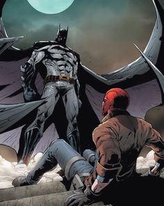 a comic page with an image of batman and the man in red sitting on a ledge