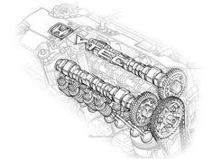 a drawing of an engine with gears and gear on it's side, in black and white