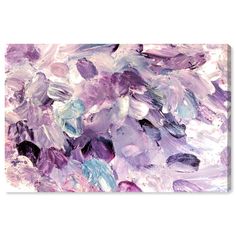 an abstract painting with purple, blue and white colors on it's surface is shown