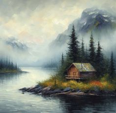 a painting of a cabin on an island in the middle of a body of water