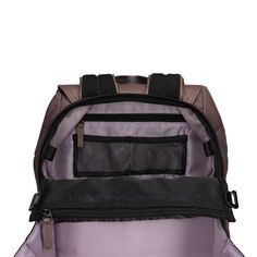 the back view of a backpack with zippers and straps on it, showing the front pocket