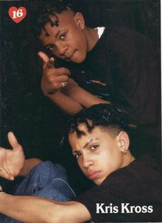 two young men sitting next to each other on top of a magazine cover with one pointing at the camera