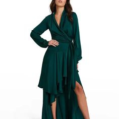 Nwt Patbo High-Low Maxi Wrap Dress. Classic Wrap Dress In A Shiny Emerald Green Fabric With Cascading Hi-Low Hemline. Draped V-Neckline. Adjustable Tie-Waist Wrap Closure. Billowing Sleeves With Fabric Button Closure At Cuff. One Button Missing On One Cuff. The First 5 Photos Are Dark Green The Dress For Sale Is Emerald Green As Shows In The Pictures Following Picture 5. Stunning! Too Long For Me. Cascading Layers And Carefully Draped Sleeves Make This Dress A One-Of-A-Kind Addition To Your Coll High Low Maxi Dress, Velvet Gown, Drape Sleeves, Tie Styles, Dress Store, Dress Purchase, Crepe Dress, Maxi Wrap Dress, Crepe Fabric