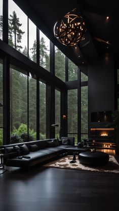 Dark luxury house in a forest Dark Luxury House, Forest House Aesthetic, House In A Forest, Dark House Aesthetic, Dark Home Aesthetic, Black Modern House, Dark Luxury, Dark Interior Design