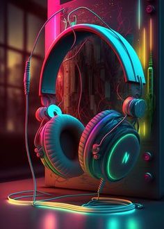 headphones are plugged in to a wall with neon lights on it and the wires running through them