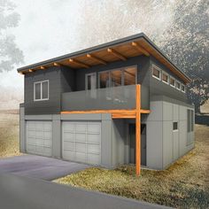 an artist's rendering of a two story house with garages on the second floor