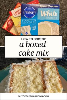 a cake with white frosting on it and the words how to doctor a boxed cake mix