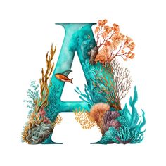 the letter a is surrounded by seaweed and corals, including an orange fish