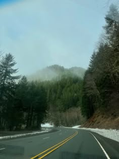 the road is surrounded by pine trees and fog in the distance, with snow on the ground