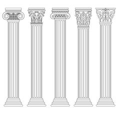 four classic greek columns in line art style with capital and floral decoration on the top