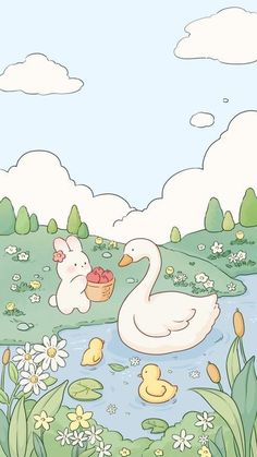 a cartoon duck and bunny are in the water by some flowers with an easter basket