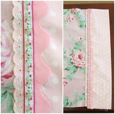 three different images of pink and green fabric with white polka dots, roses, and lace