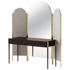 a vanity with mirror and two stools in front of it on a white background