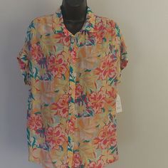 Beautiful Brand New Floral Shirt. Neck Collar And Cuffed Short Sleeve. Simple And Cute. 53% Linen 47%Lyocell Collared Pink Beach Tops, Pink Collared Beach Top, Collared Pink Top For Beach, Pink Collared Top For Vacation, Pink Buttoned Shirt For Vacation, Pink Floral Print Shirt For Daywear, Pink Button Closure Shirt For Beach, Pink Button-up Beach Top, Pink Button-up Beach Shirt