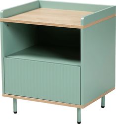 the side table has a wooden top and two drawers on each side, with one drawer open