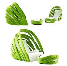 three green and white chairs sitting next to each other