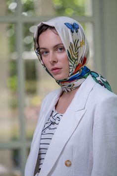 A truly unique scarf made from 100% natural silk twill.  The material is incredibly thick and has a luxurious feel.  Every element was hand-drawn. Edges are carefully rolled and hand-stitched. A rare accessory that will make you stand out from the crowd. Designed and lovingly produced in the UK 🇬🇧by Fairy Tale Silk. Luxury Silk Scarves With Floral Print, Luxury Silk Floral Print Scarves, Silk Floral Print Shawl Scarf, White Silk Scarf Shawl, White Silk Shawl Scarf, White Artistic Scarves, Multicolor Silk Headscarf For Spring, Elegant Patterned Silk Shawl Scarf, Elegant Patterned Silk Shawl