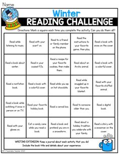 the winter reading challenge is shown in this printable