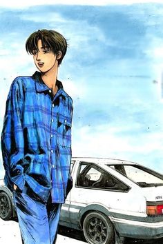 a drawing of a man standing next to a car