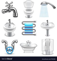 a set of bathroom objects including sink, toilet and bathtub - web elements decorative