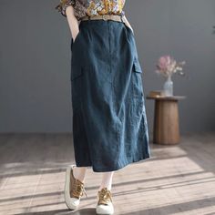 Details: Gender: Women Item Type: Skirts Material: Linen Season: Summer Pattern: Solid Style: Casual, Loose, Retro Waist Type: Elastic Waist Size: One Size Waist: 70.00 - 102.00 cm/ 27.56 - 40.16 " Length: 82.00 cm/ 32.28 " Hip: 108.00 cm/ 42.52 " Casual Non-stretch Skirt With Pockets, Casual High Waist Relaxed Pencil Skirt, Casual Fitted Plain Skirt, Casual Relaxed Fit Pencil Skirt, Casual Knee-length Pencil Skirt, Casual Cotton Pencil Skirt For Work, Casual Maxi Skirt For Spring Workwear, Casual Fitted Maxi Skirt With Pockets, Casual Knee-length Pencil Skirt With Pockets